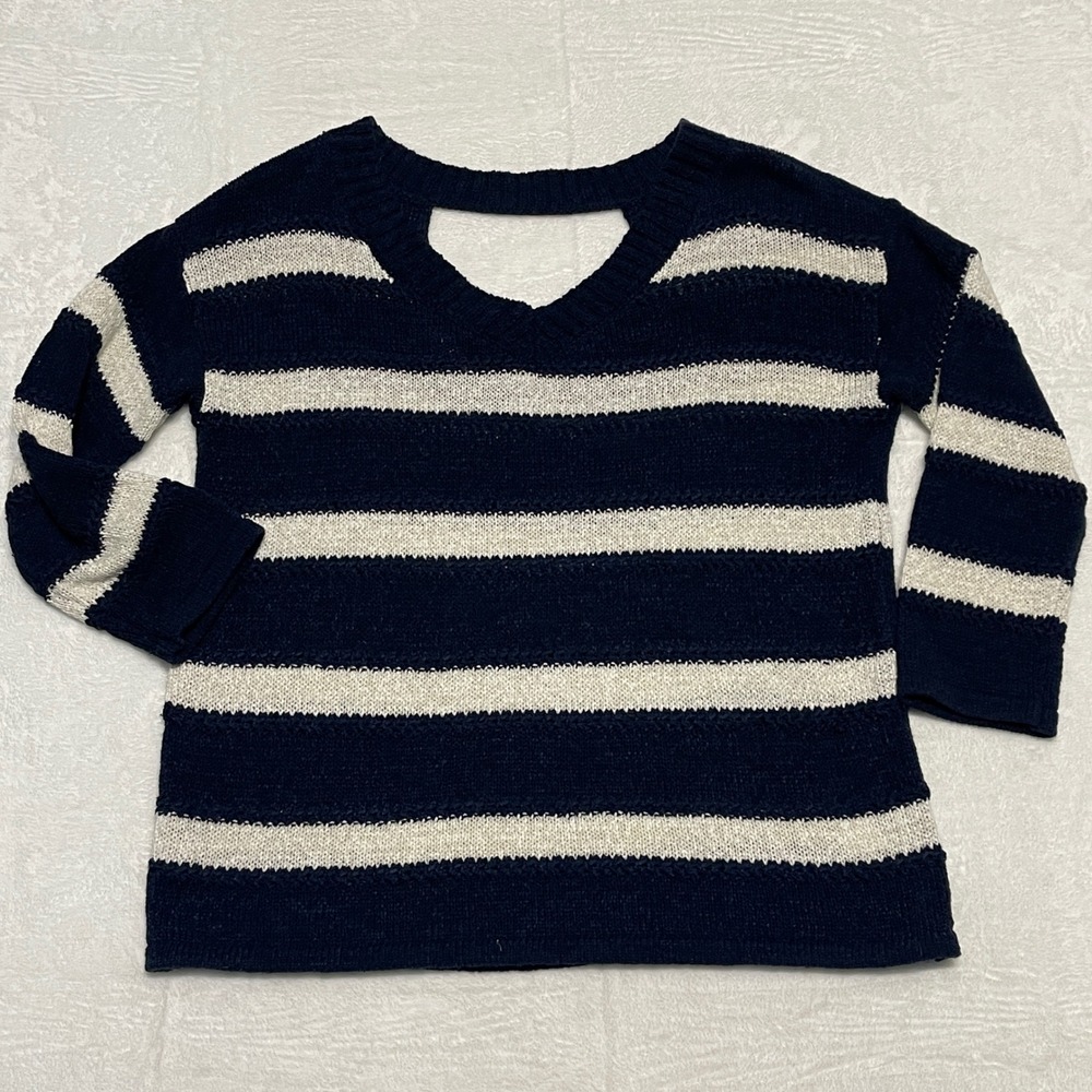 Maurices Navy White Striped V Neck Cutout Back Knit Sweater‎ Size S Nautical